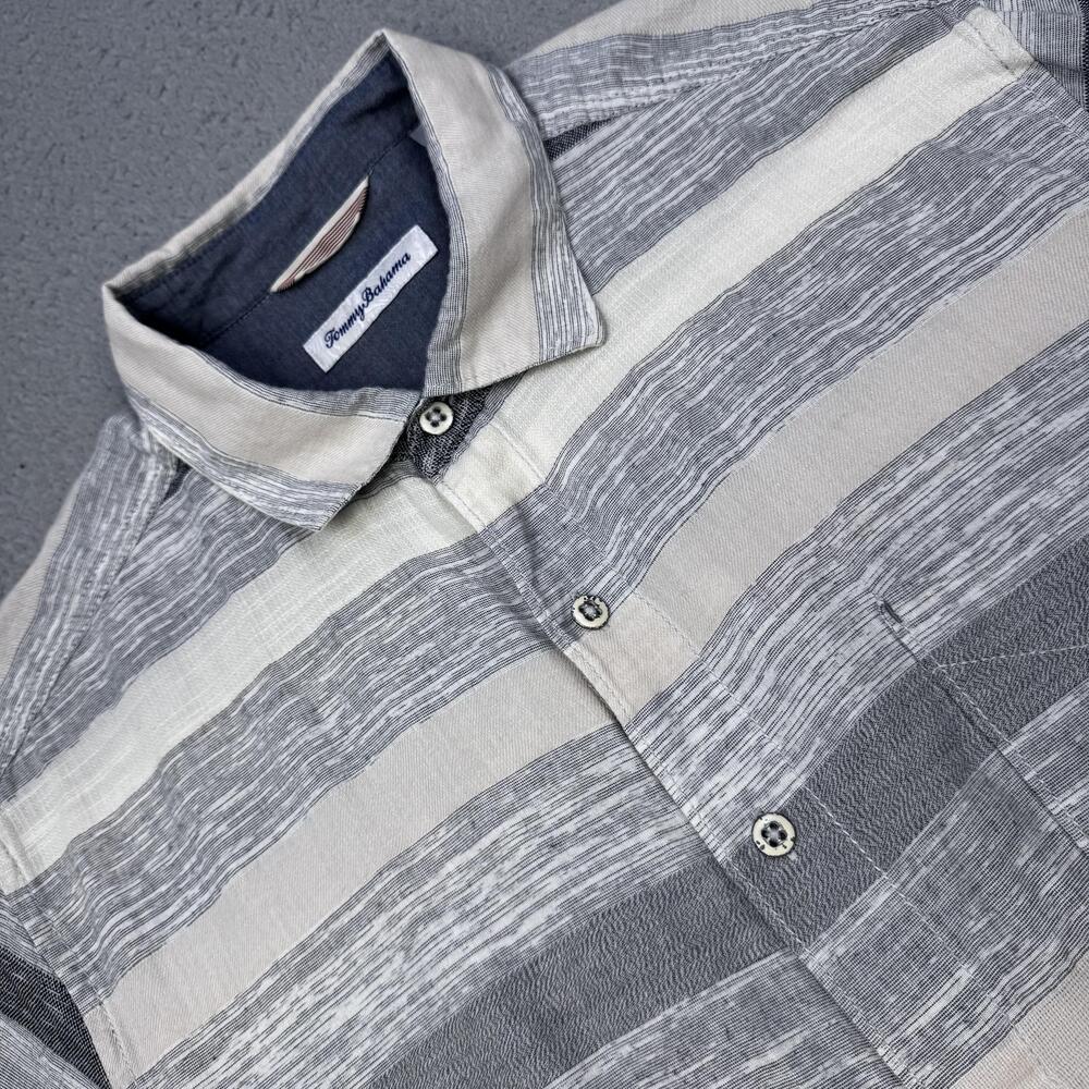 Tommy Bahama Shirt Mens Large Gray Stripe Short Sleeve Cotton Linen Button Front